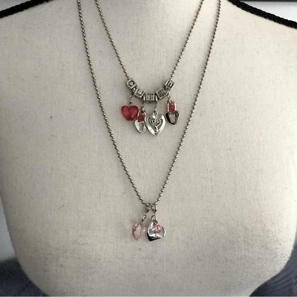 Fashion Jewelry 2 Necklace Bundle:  Heart Charm Necklaces on Silver Ball  Chains